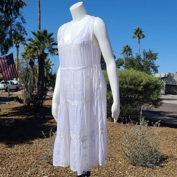 JOHNNY WAS ANTHRO White Eyelet Lace Dress S Small Embroidered Tiered Boho Sheer - Picture 7 of 16